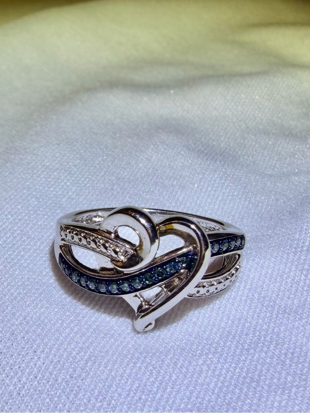 14K White Gold/925 Sterling Silver Heart Ring Blue and White Natural Diamonds